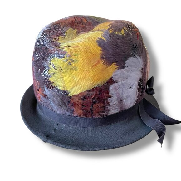 Vintage 1960s Womens Pheasant Feather Hat Angel Designs Brown Wool Dress Toque - Picture 4 of 16